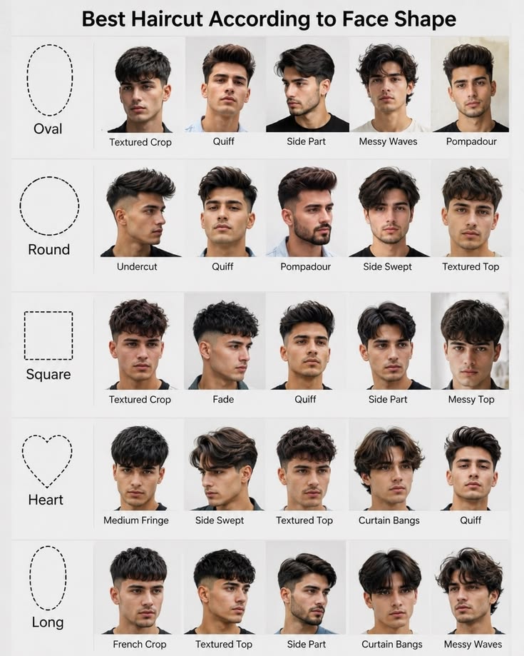 Infografía de cortes de cabello masculino según el tipo de rostro ovalado, cuadrado y redondo.