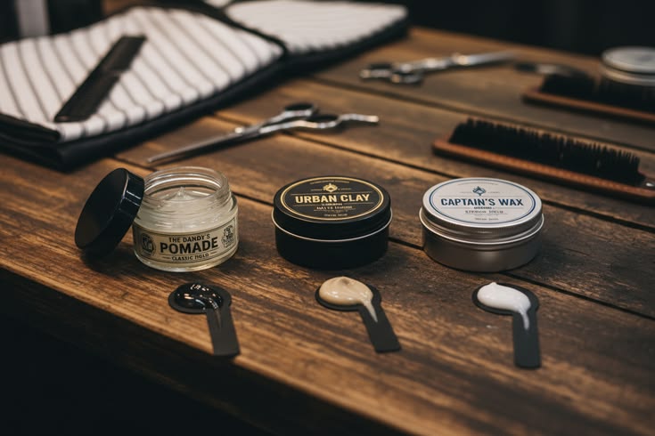 Ceras mate y pomadas profesionales para peinados elegantes masculinos.